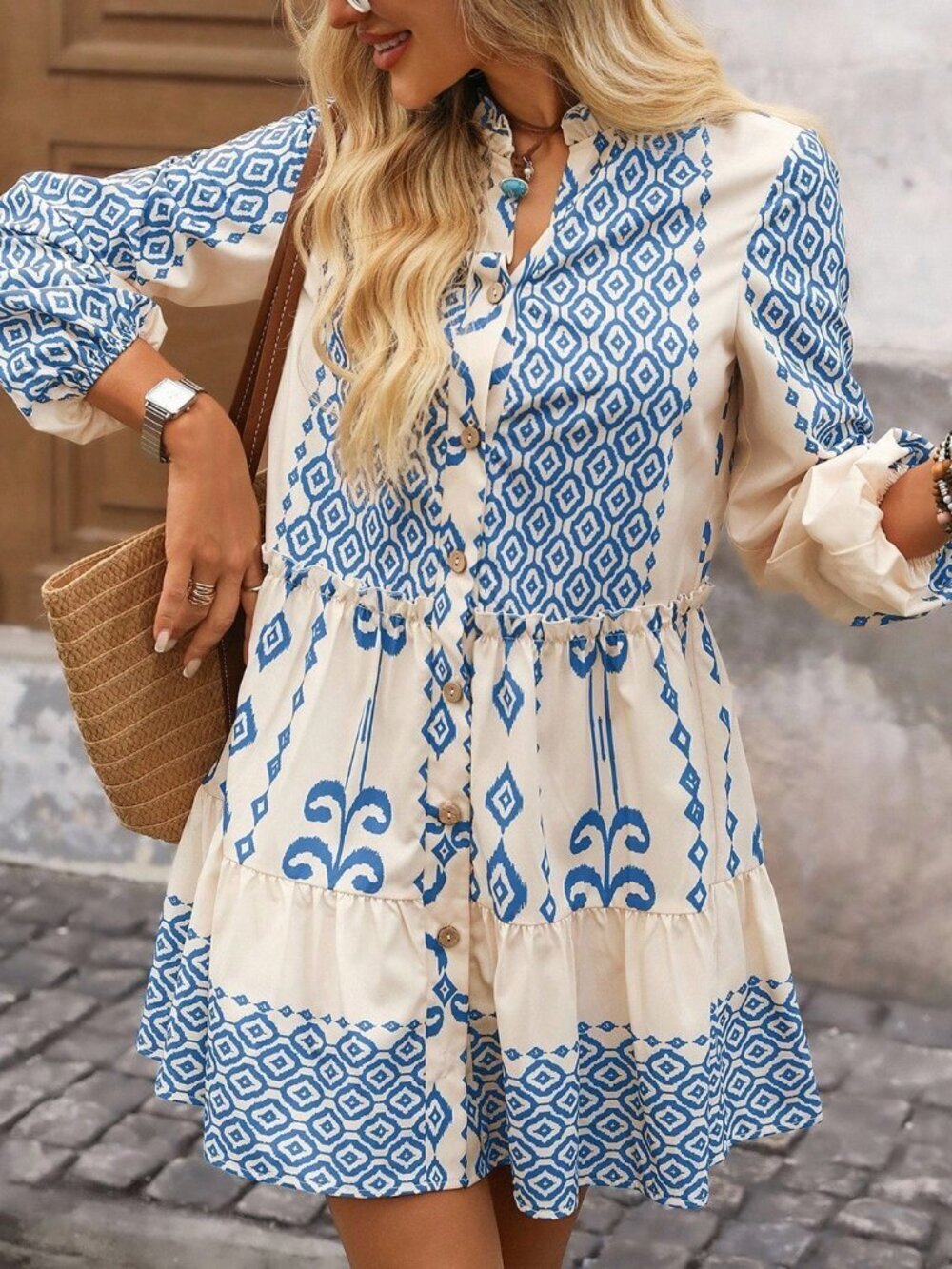 Blue Boho Women's Geometric Lantern Sleeve Frill Trim Mini Dress - Picture 7 of 8